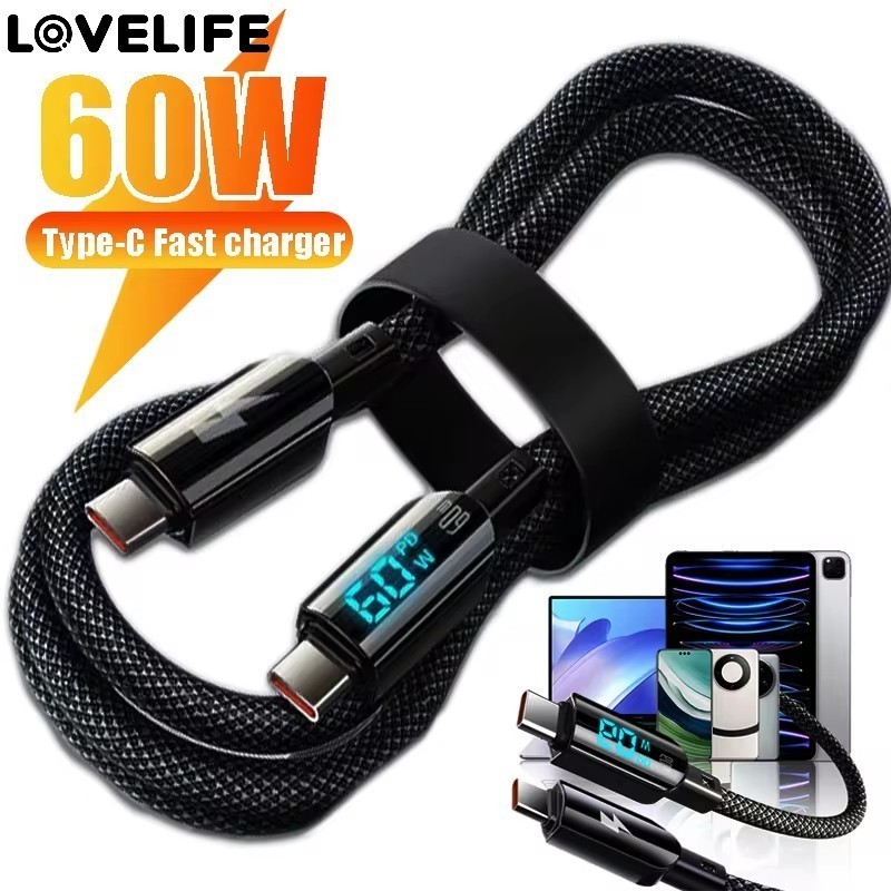 60w Nylon Braided Data Charger Cord - Fast Charging Type C To USB C Digital Display Data Cable - Quick Data Charger Wire - For Phone15 Samsung