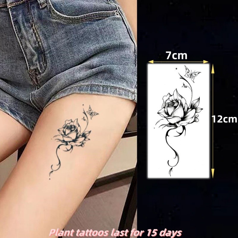 เงาดํากุหลาบแบบสักสาวเซ็กซี่ขาพืชสักสติกเกอร์รอยสักกันน้ําติดทนนาน15วันสักปลอมชั่วคราว