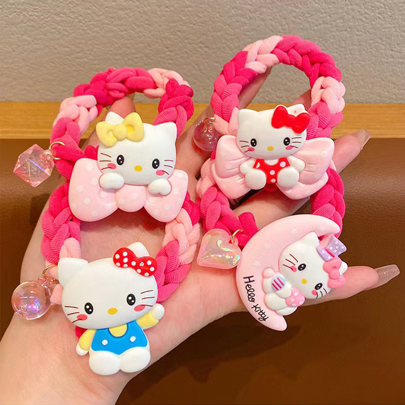 Hello Kitty Pink Braided Scrunchie หญิง Sanrio น่ารักหวาน Ince ใหม่แหวนผมเครื่องประดับผม