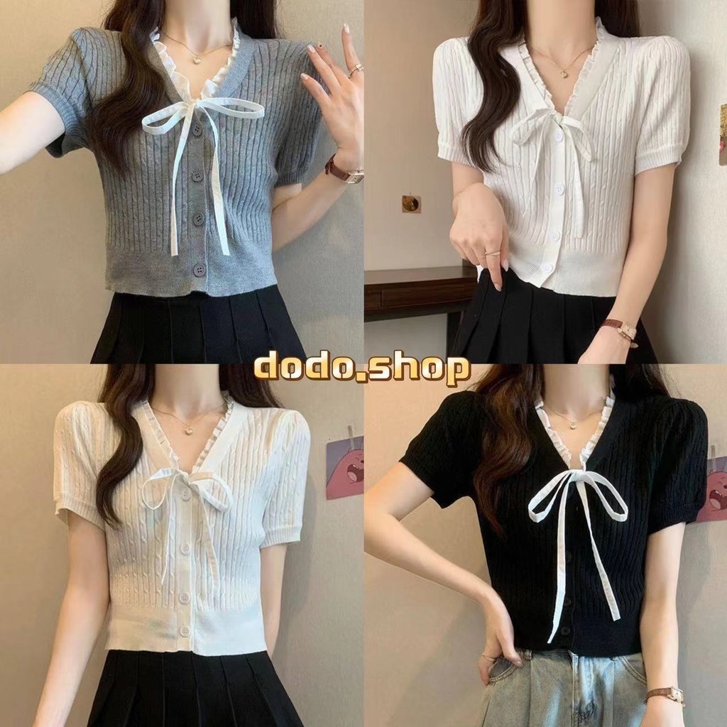 DODO⭐สินค้าพร้อมส่ง⭐เสื้อยืดแขนสั้นคอวีลึกงานผ้าถักนุ่มๆดีเทลเชือกผูกโบว์ที่คอ(M2140)