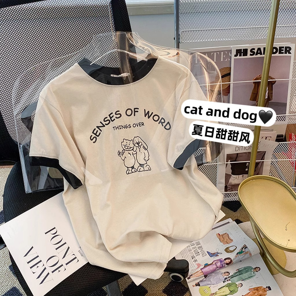 ผ้าฝ้าย 100% ใหม่เกาหลีรุ่นแขนสั้น เสื้อยืด ฤดูร้อนพิมพ์รอบคอหลวมด้านบนสําหรับผู้หญิง