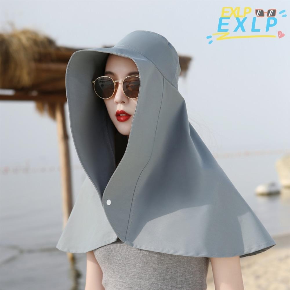 Exlp หมวกกันแดด, หมวกชาวประมงป้องกันรังสียูวีปีกใหญ่, ครอบคลุมใบหน้าด้วยปุ่มสแน็ปการ์ดคอผ้าคลุมไหล่หมวกถังชายหาด