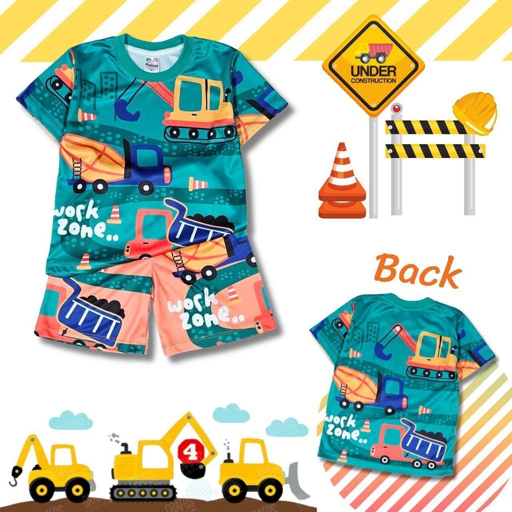 0TR0647#11 เสื้อผ้าเด็ก เสื้อแขนสั้น+กางเกงขาสั้น ลายรถตักดิน รถบรรทุก รถก่อสร้าง ผ้าไมโครเกรดA ชุดเด็กแฟชั่น ลายการ์ตูน