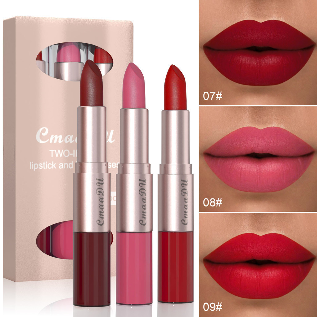 Cmaadu 3 ชิ้น 2-in-1 Matte Lip Gloss ลิปสติกติดทนนานใช้ Non-fading กันน้ํา Non-stick Cup