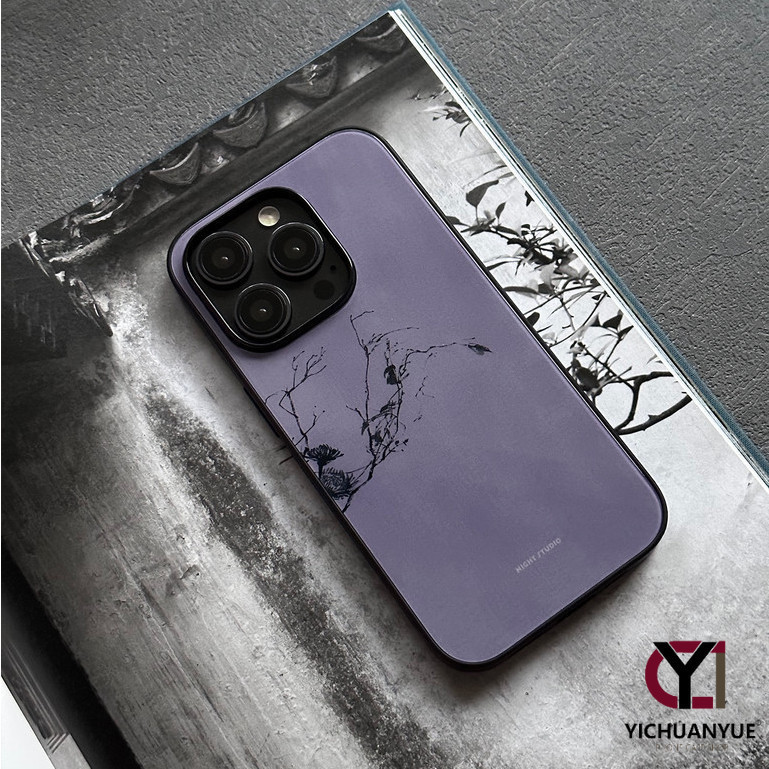 สำหรับ iPhone 13 12 14 11 15 Pro Max XR X Plus XS 6 7 กรณีโทรศัพท์แก้วรวมทุกอย่างกรณียากสไตล์จีนสาขาสีม่วงกันกระแทก