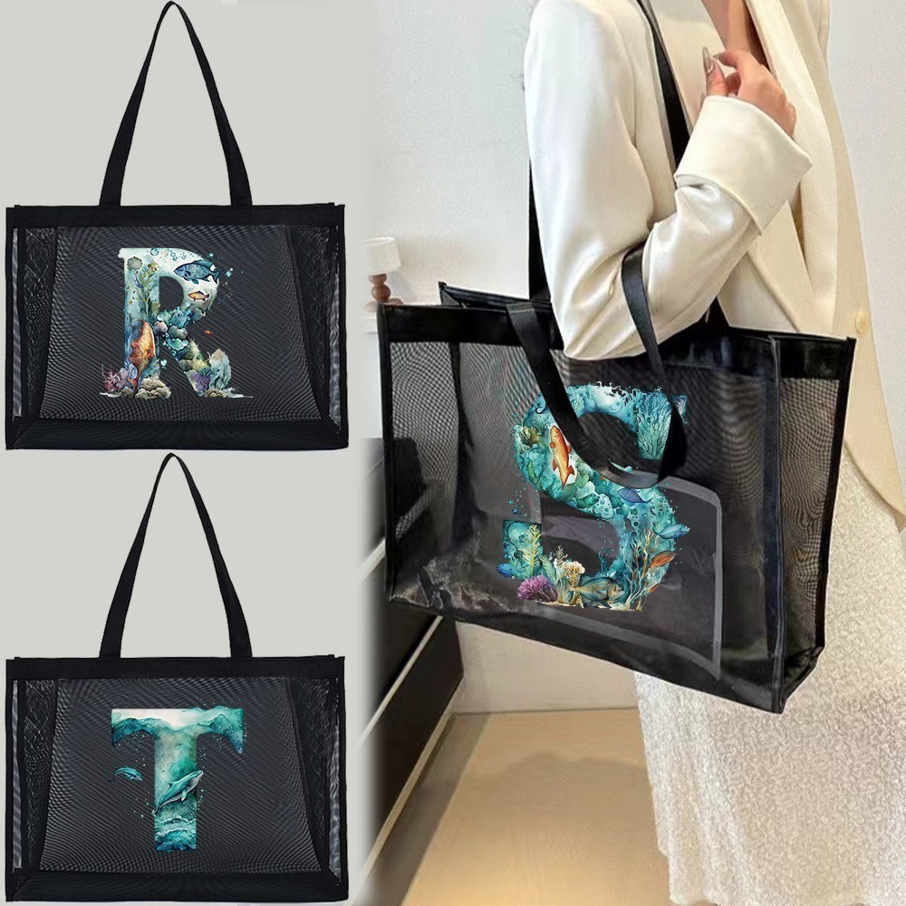 กระเป๋าช้อปปิ้งตาข่ายสะดวกสบาย,กระเป๋าเดินทาง,กระเป๋าถือขนาดใหญ่ Fish Letter Pattern