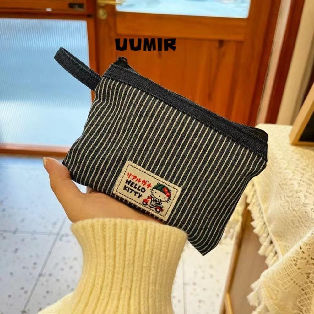 UUMIR กระเป๋าแต่งหน้าสาว, Sanrio Hello Kitty Denim Patchwork ลิปสติกกระเป๋าหูฟัง, Kawaii ความจุขนาดใหญ่ซิปกระเป๋าเก็บกระเป๋าใส่เหรียญการ์ตูน