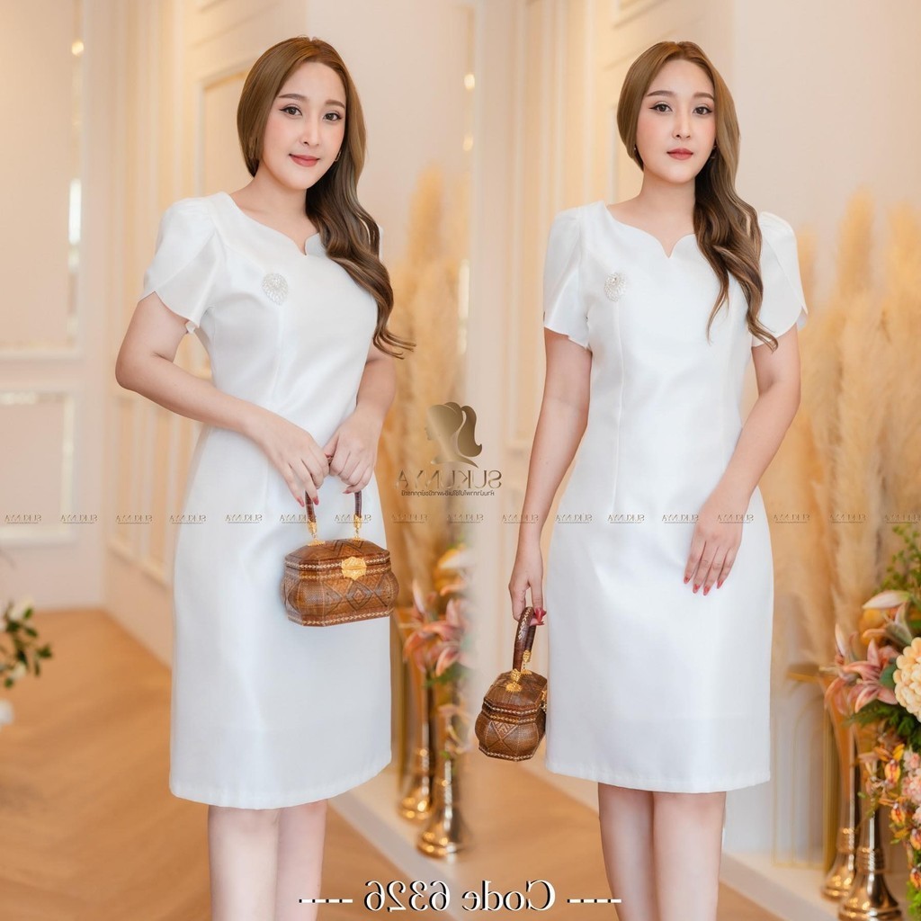 เดรสผ้าไหมสังเคราะห์ทรงเข้ารูปแขนทิวลิป เนื้อนุ่มเงาเล็กน้อย ใส่สวยค่ะ S-3XL สีกะปิ ชมพู ขาว ดำ ฟ้า