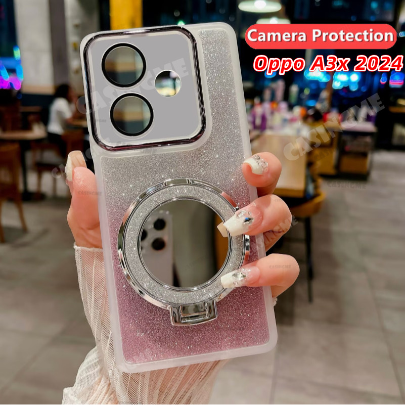 Oppo A3x A3 2024 กระจกวงเล็บแม่เหล็ก Glitter สําหรับ Oppo A3x 4G OppoA3x A3 3 xA3 Pro 4G 5G 2024 ฝาครอบกล้อง Shcokproof เคสโทรศัพท์ป้องกันเลนส์ Soft ฝาหลัง