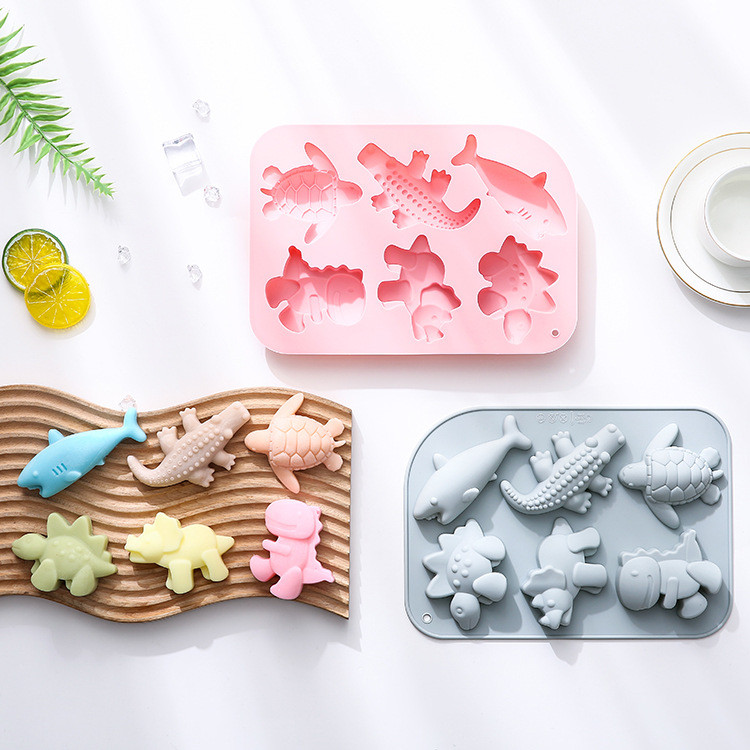 6-cavity ไดโนเสาร์ Shark จระเข้เต่าการสร้างแบบจําลองแม่พิมพ์ซิลิโคนช็อกโกแลตเค้กตกแต่งแม่พิมพ์สบู่แฮนด์เมดอโรมายิปซั่มแม่พิมพ์ DIY Baking Mold