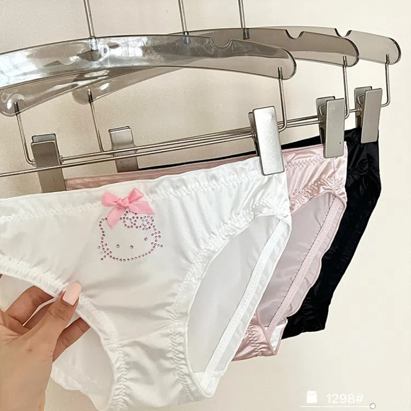 [ต้นฉบับ] Rhinestone น่ารัก Kt Cat ชุดชั้นในสาวเซ็กซี่ Silky กางเกงการ์ตูนบาง
