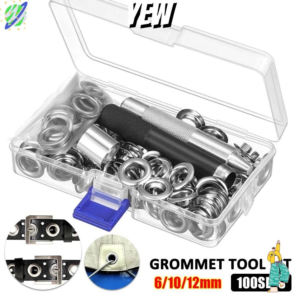 Yew 100 ชุด Grommets ตาไก่,เงิน 6/10/12 มม.Grommet ชุดเครื่องมือ,สําหรับผ้าม่านเสื้อผ้ารองเท้ากระเป๋างานฝีมือหนัง DIY พร้อมเครื่องมือติดตั้ง Grommet การตั้งค่าเครื่องมือ
