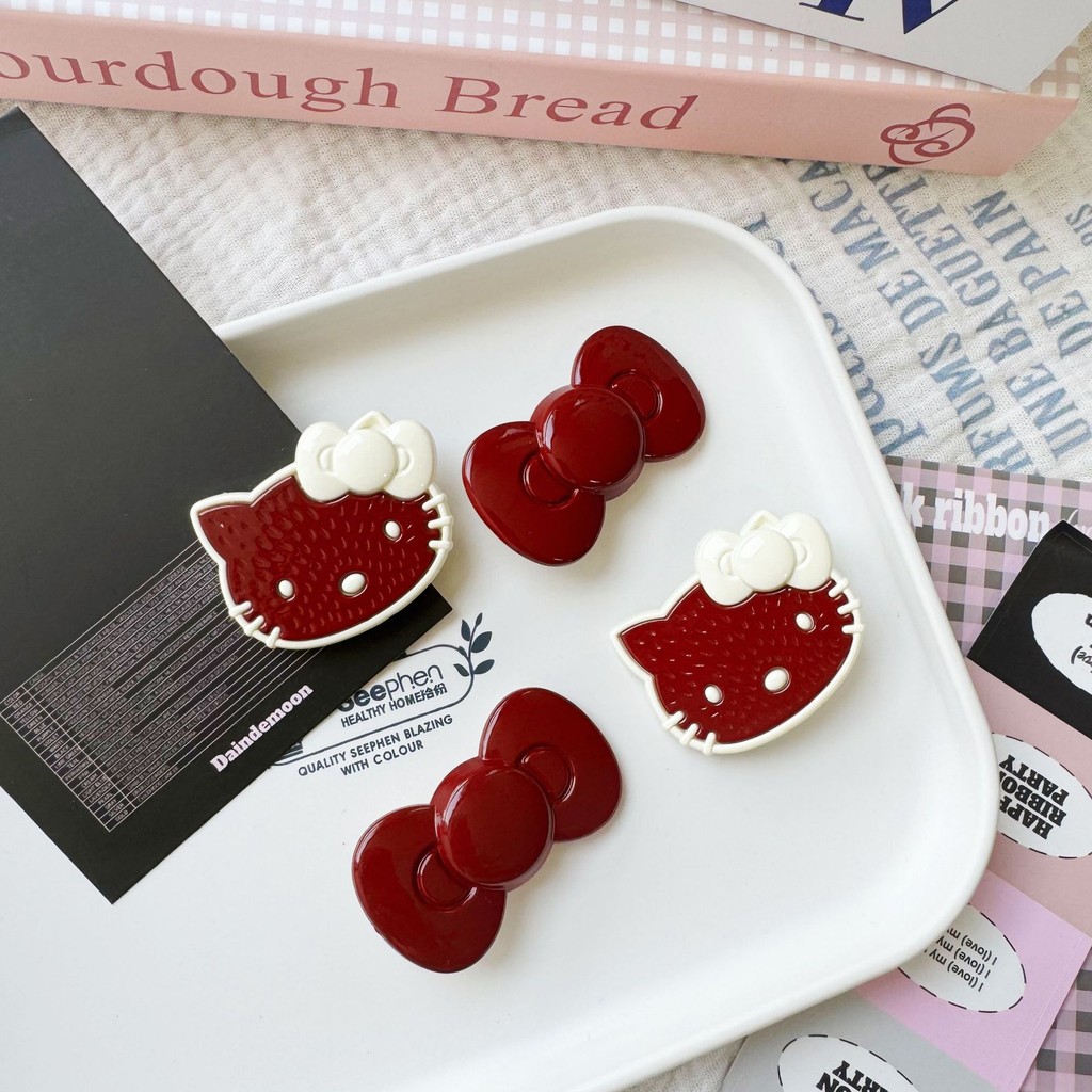 สีแดงหวาน KT Bow Tie Hairpins แฟชั่นอเนกประสงค์สาว Duckbill Hairpin นักเรียนเด็กใหม่อุปกรณ์เสริมผม