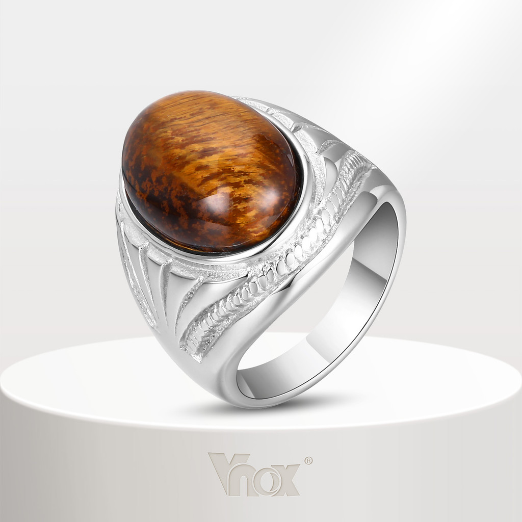 Vnox خاتم ستانلس بحجر طبيعي بني
