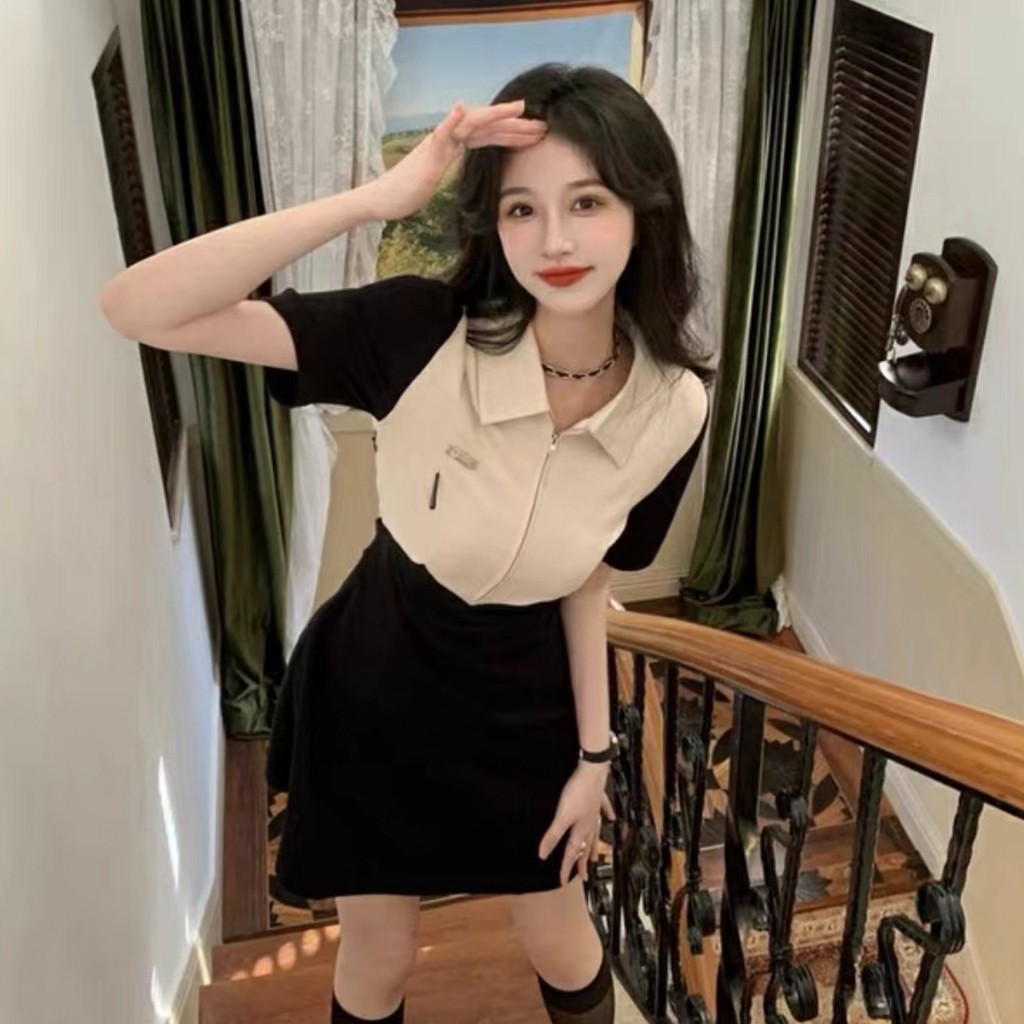 เดรสตัดต่อสไตล์ฝรั่งเศส ปกปอโล ใหม่ล่าสุด สำหรับฤดูร้อน ขายาว เปิดข้าง
