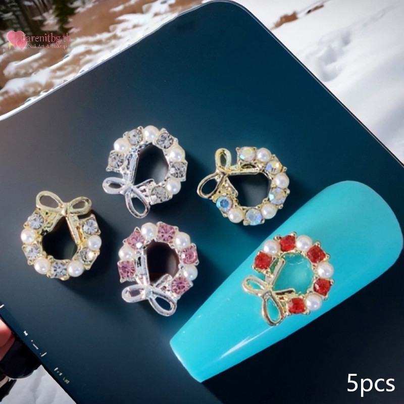 Renbg 5 ชิ้น Garland Bowknot Pearl Zircon เล็บ Ch Rhinestone คริสต์มาสออกแบบคริสตัลเครื่องประดับตกแต่งเล็บ TH