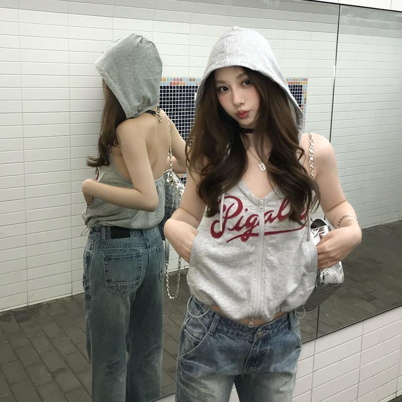 Halter Slimming Vest Two-Piece Set Contrast Color Skirt Hooded Women's New Top Zipper Niche Summer Gray Printing