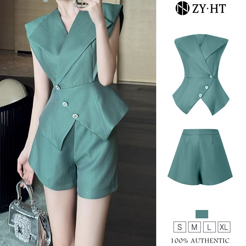 ZYHT ชุด 2 ชิ้นพัฟแขน + กางเกงขาสั้นชุดทํางาน Hi-Suit จั๊มสูทผู้หญิง จั๊มสูทผู้หญิง 30946