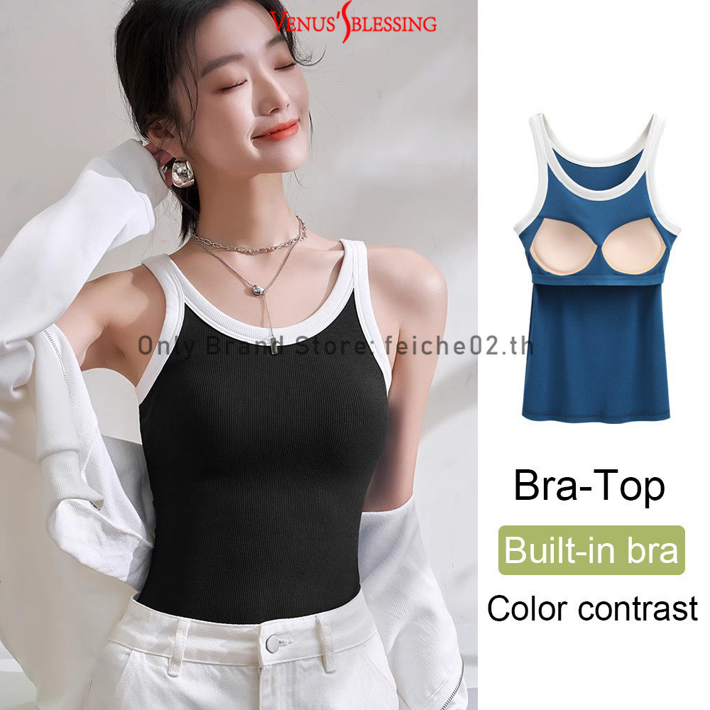 Casual Patchwork Contrast Binding tank top สําหรับเสื้อกั๊กด้ายแผ่นรองหน้าอกในตัวสีดําสีขาวพร้อมแผ่นรองหน้าอกด้านนอกสวมเสื้อกล้ามด้านหลังที่สวยงาม