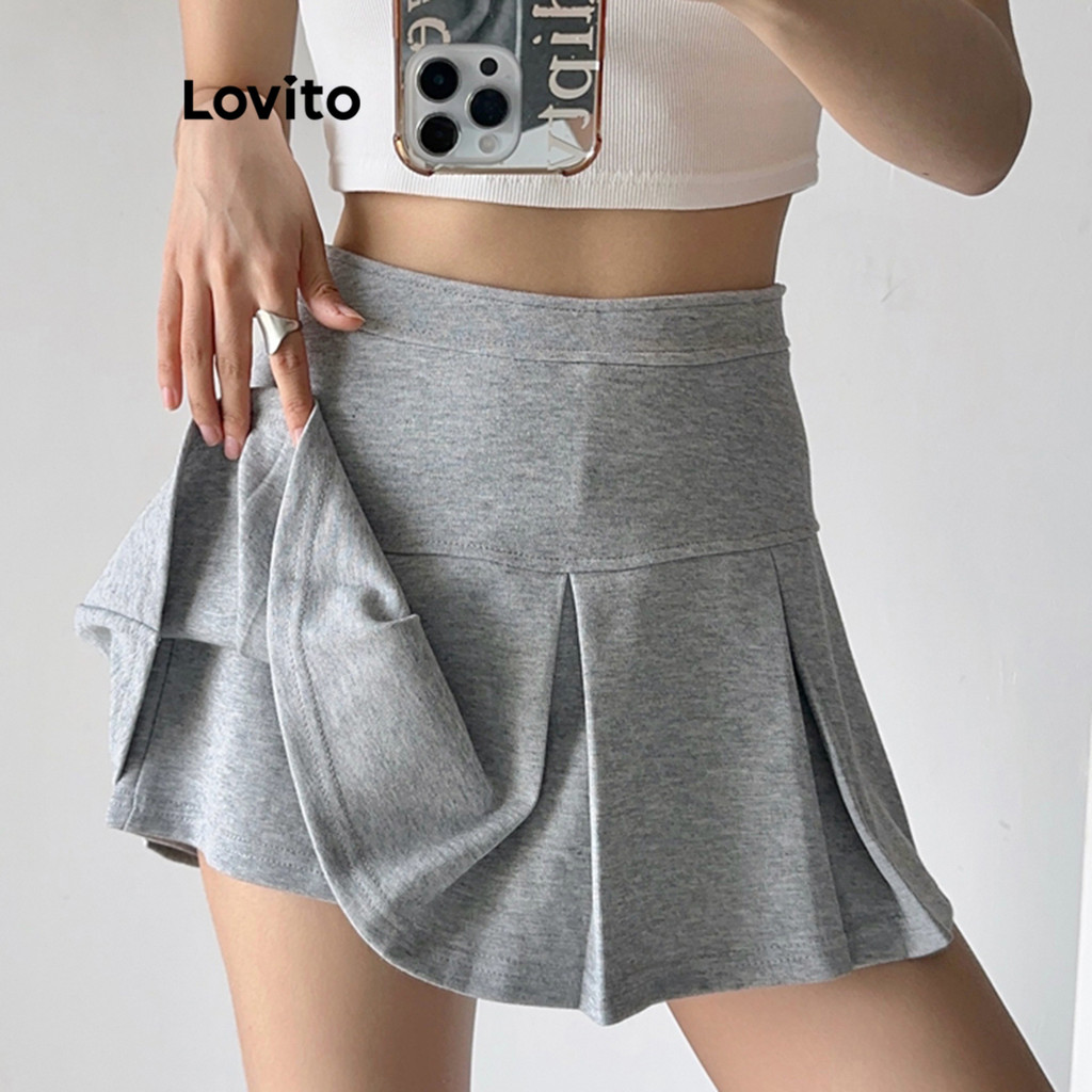Lovito กระโปรงผู้หญิง แต่งจีบ เย็บหลอกสองชิ้น สีพื้น สไตล์ลำลอง LNE66415