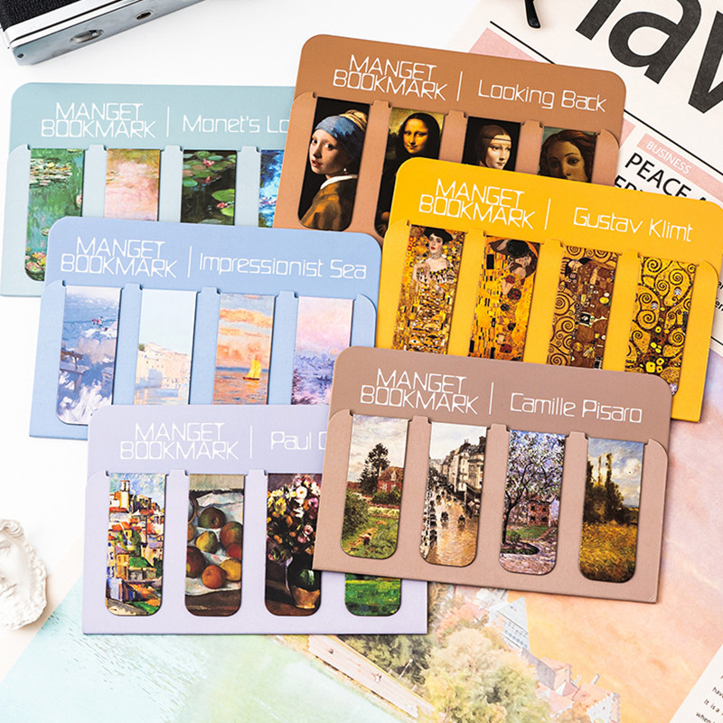 4 ชิ้น Aesthetic Art series ที่คั่นหนังสือแม่เหล็กนักเรียนพับ Mini Book Page Holder Art Bookmarks