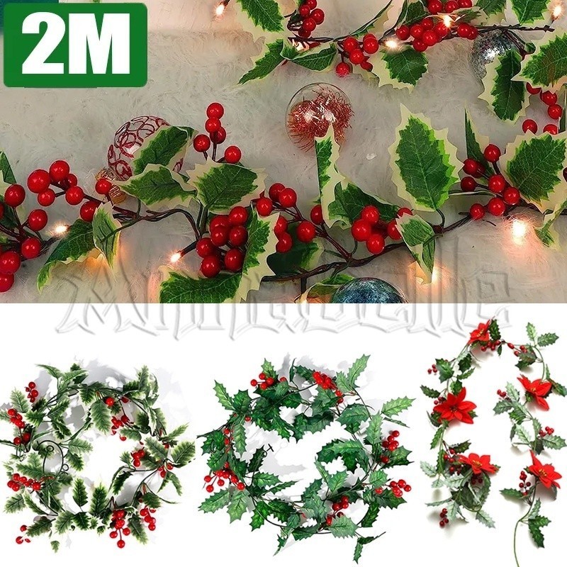 2m หน้าต่างประตูตารางบันไดตกแต่งต้นคริสต์มาส/คริสต์มาสประดิษฐ์สีแดง Berries Leaf Maple Vine Garland/ไขลานหวายพวงหรีดใบไม้/แขวนเครื่องประดับเทศกาล Ne