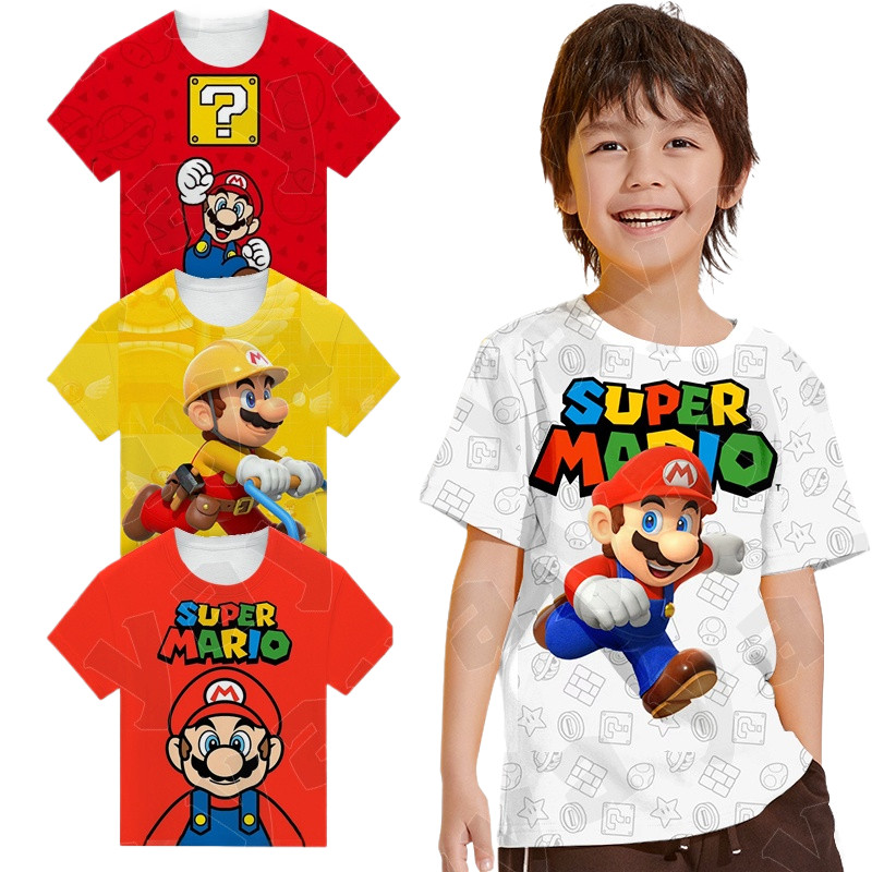 Super Mario Bros 3D พิมพ์เสื้อยืดเด็กชายและเด็กหญิงเสื้อยืดคอกลม