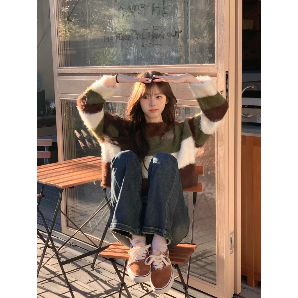 ❤️【สินค้าพร้อม】❤️ อเมริกันมิงค์ผมสีคมชัดลายเสื้อกันหนาวผู้หญิงหลวมรอบคอเสื้อสวมหัวเสื้อแขนยาว - รูปที่ 5