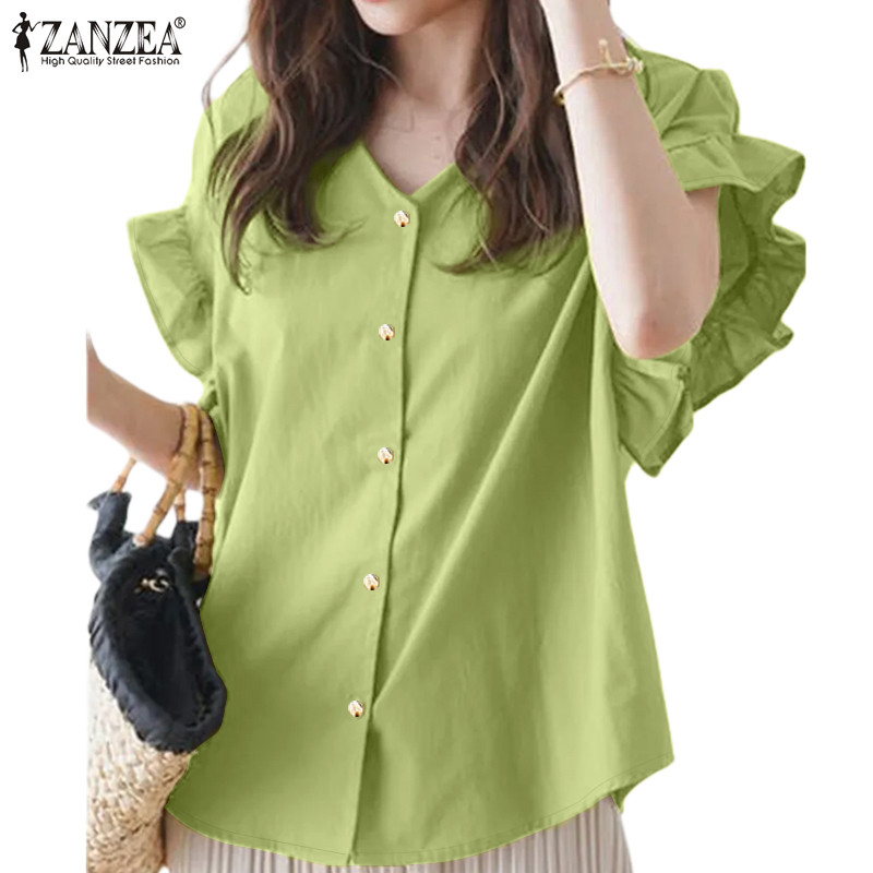 ZANZEA ซานเซีย ผู้หญิงเกาหลีหรูหราสีธรรมดาแขนสั้นคอวีเสื้อเบลาส์หลวม