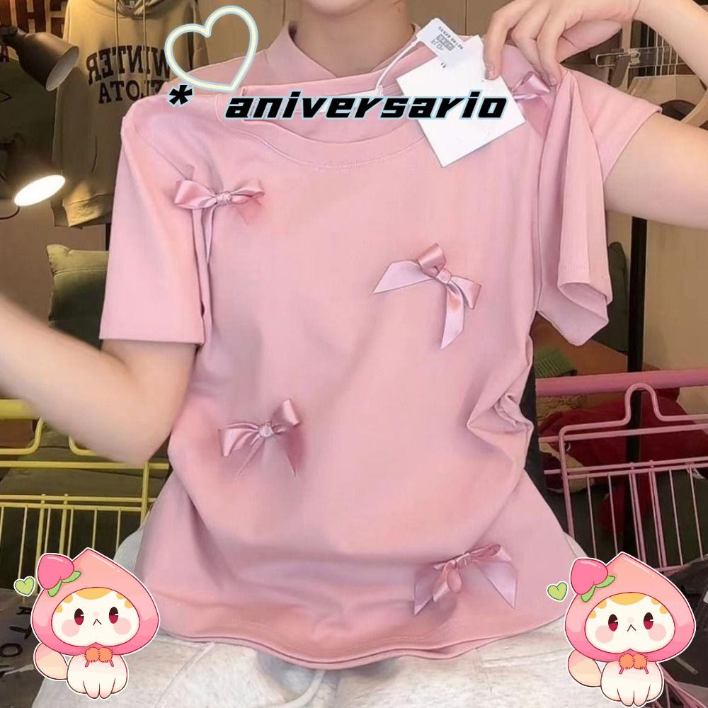 Aniversario ผู้หญิงด้านบน,รอบคอบัลเล่ต์ Bowknot T เสื้อ,แขนสั้นหรูหราสไตล์ญี่ปุ่นสีทึบริบบิ้น Crop Tank Top ผู้หญิงสาว