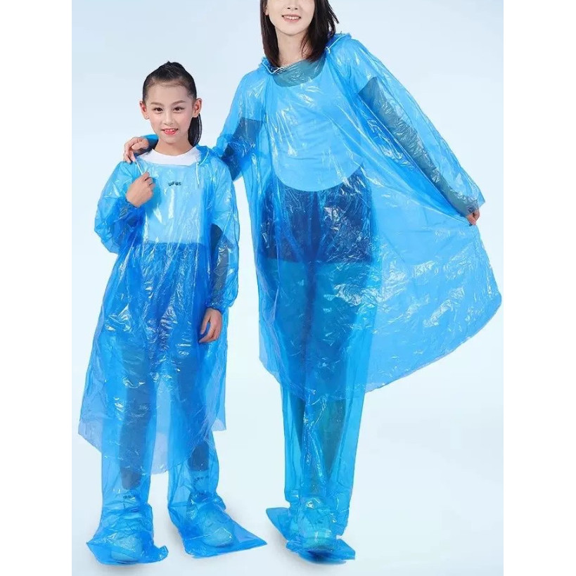 ชุดกันฝน2ชิ้น สำหรับผู้ใหญ่ เสื้อ+กางเกงคลุมเท้า มีเชือกที่หมวก แขนจั๊ม กันน้ำได้ดี เนื้อเหนียวทนทาน