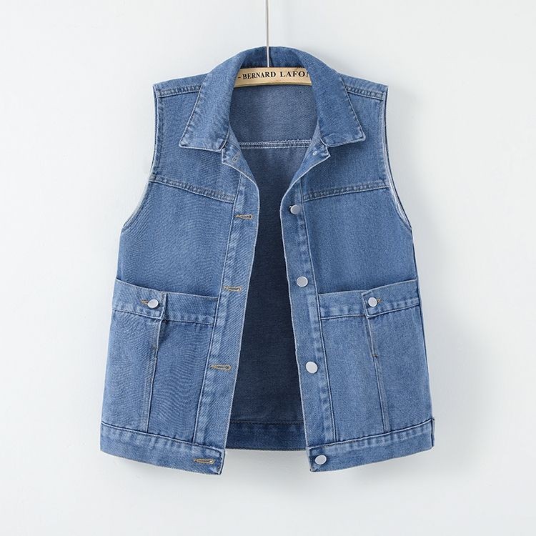 กระเป๋าใหญ่ All-Match Denim เสื้อกั๊กแจ็คเก็ตผู้หญิงฤดูใบไม้ผลิฤดูใบไม้ร่วงสไตล์ใหม่เวอร์ชั่นเกาหลีหลวม Slimmer ดูเสื้อกั๊กด้านบน