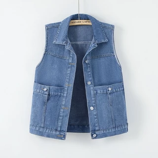 กระเป๋าใหญ่ All-Match Denim เสื้อกั๊กแจ็คเก็ตผู้หญิงฤดูใบไม้ผลิฤดูใบไม้ร่วงสไตล์ใหม่เวอร์ชั่นเกาหลีหลวม Slimmer ดูเสื้อกั๊กด้านบน