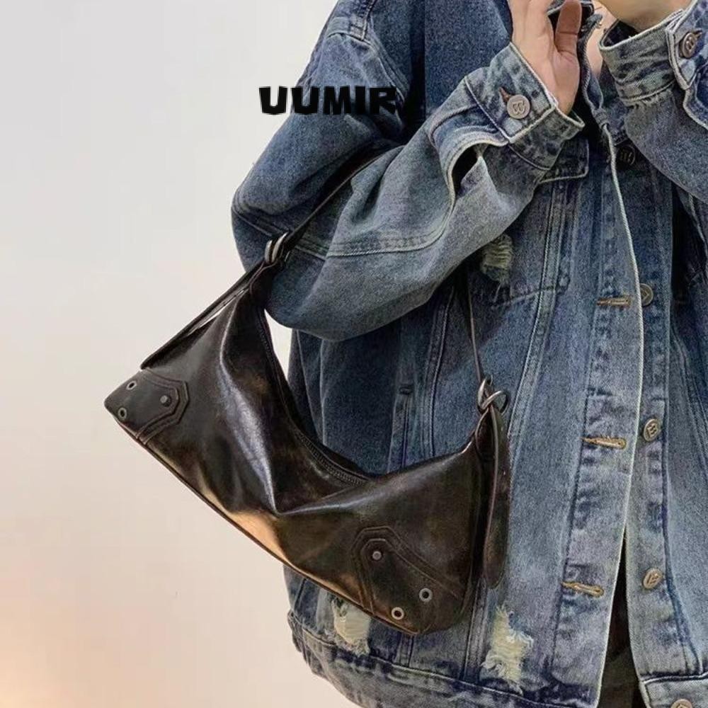 UUMIR กระเป๋าหนัง PU, กระเป๋าใต้วงแขนผู้หญิงสีทึบวินเทจ, กระเป๋าสะพายไหล่ทรงสี่เหลี่ยม Y2K แบบนุ่ม