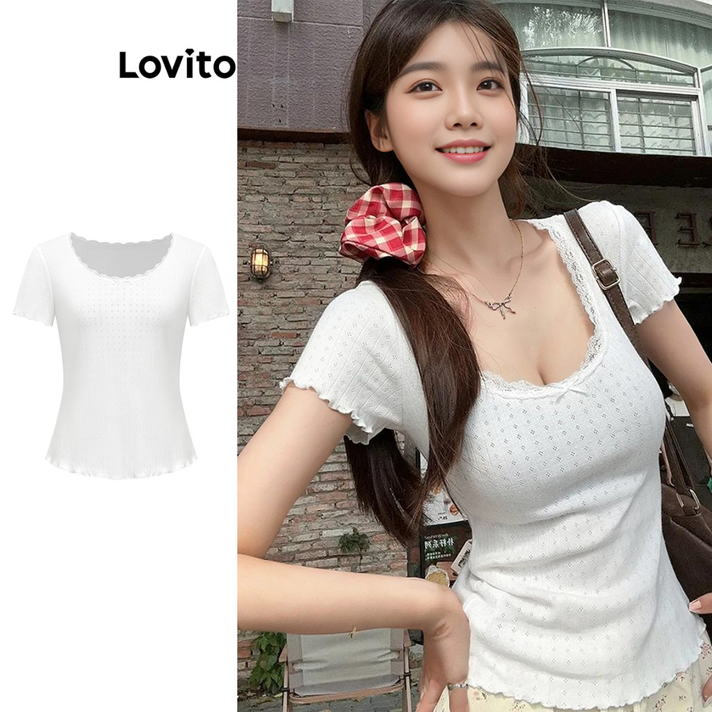 Lovito เสื้อยืดด้านหน้าโบว์ธรรมดาสวยหรูสำหรับผู้หญิง L100MD346