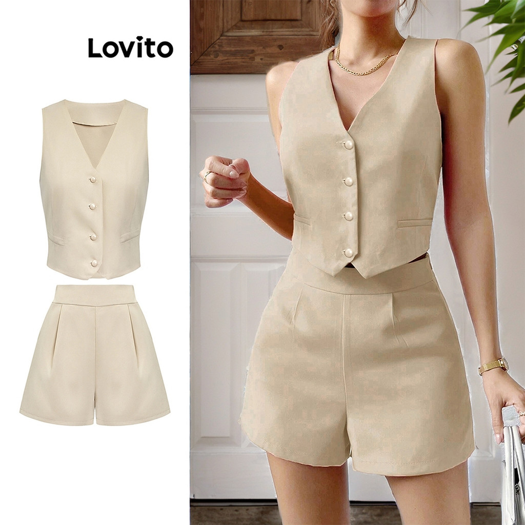 Lovito ชุดเซ็ทกางเกงขาสั้นผู้หญิง มีกระเป๋า กระดุมด้านหน้า สีพื้น หรูหรา L74ED069