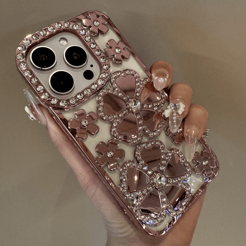 หรูหราชุบแฟลชเพชรดอกไม้ซิลิโคนเคสโทรศัพท์สําหรับ ไอโฟน16 15 14 13 12 11 มือโปร สูงสุด ปลอก กรอบรูปกันกระแทกเพชร-ป้องกันนิ่มฝาหลัง