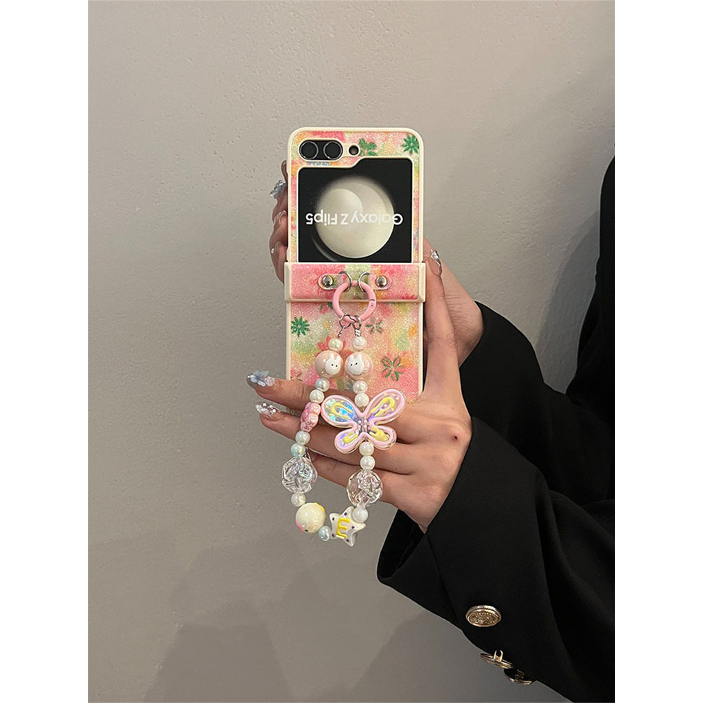 Luken เกาหลีเต็มหน้าจอสีชมพูดอกไม้สีเขียวสร้อยข้อมือผีเสื้อเคสโทรศัพท์สําหรับ Galaxy Z Flip 6 5 4 5G Z Flip5 Zflip5 Zflip 6 Kawaii สําหรับ Oppo ค้นหา N3 N2 Flip