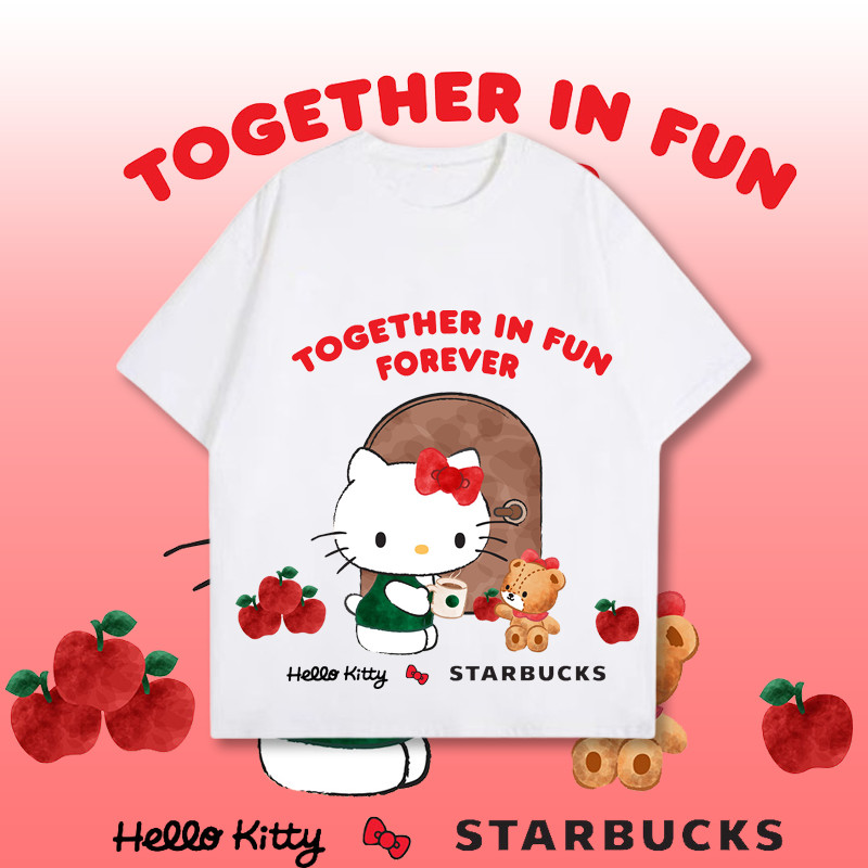 ใหม่ เสื้อ Hello kitty × starbucks บริเวณเดียวกัน ผ้าCotton 100% T-Shirt ชุดใหม่น่ารัก