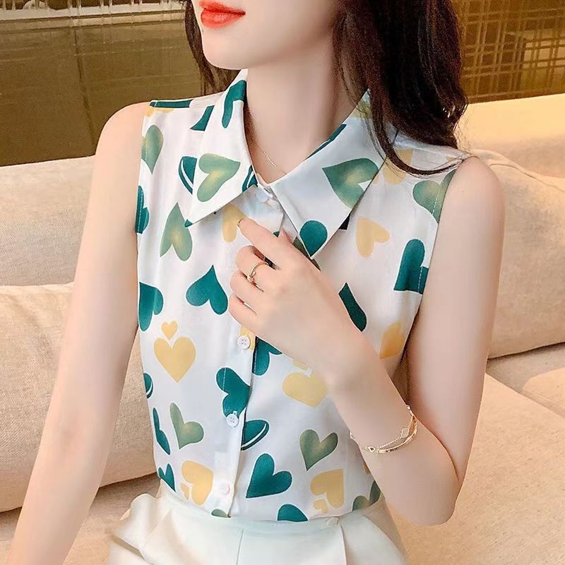 Lapel Love พิมพ์เสื้อแขนกุดแฟชั่น เสื้อทรงหลวมของผู้หญิง ฤดูร้อนสบาย ๆ