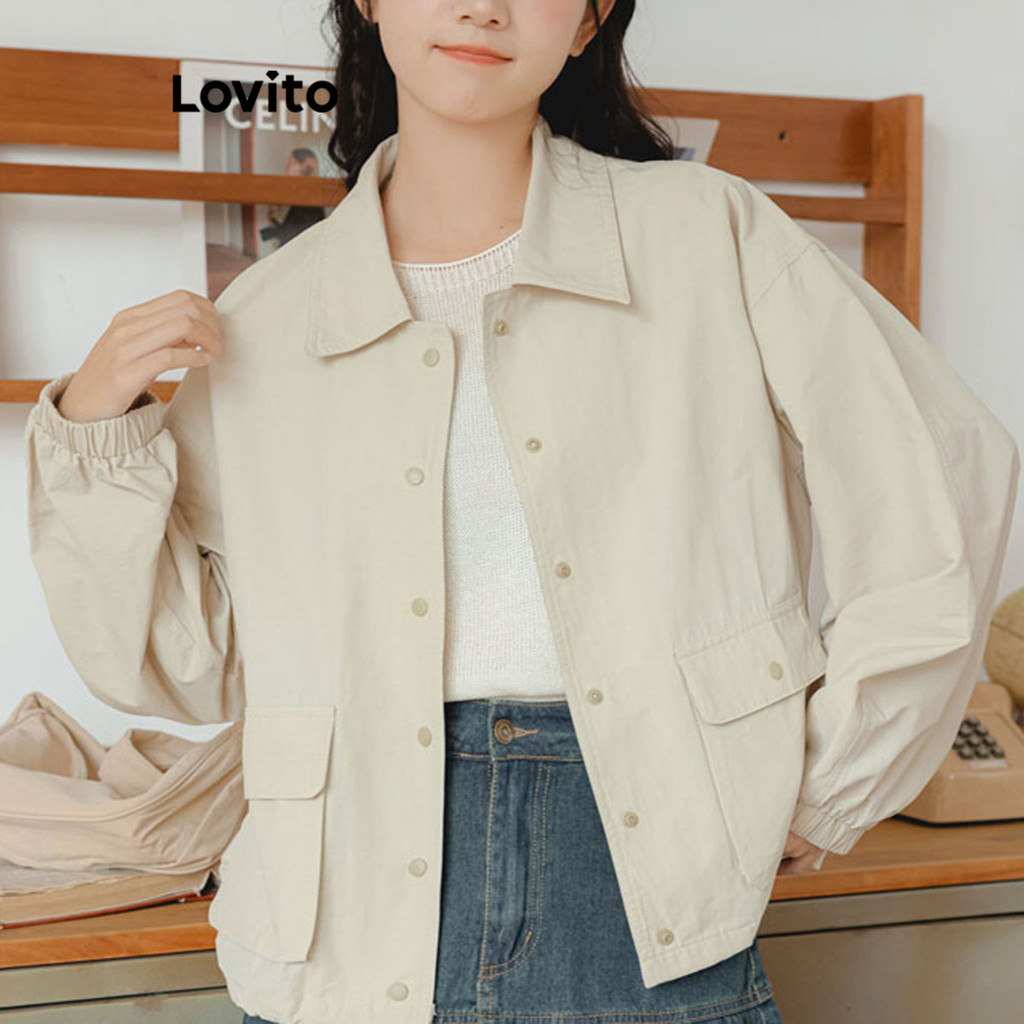 Lovito เสื้อแจ็คเก็ตกระเป๋าธรรมดาแบบสบาย ๆ สำหรับผู้หญิง LNE77508