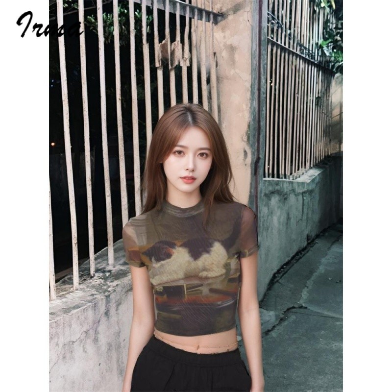 เสื้อยืดแขนสั้นพิมพ์ลายอเมริกันผู้หญิงฤดูร้อนใหม่เสื้อสั้น