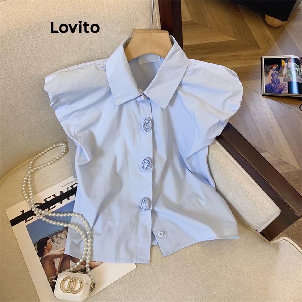 Lovito เสื้อเบลาส์ผู้หญิง กระดุมหน้า สีพื้น สไตล์ลำลอง LNE67466