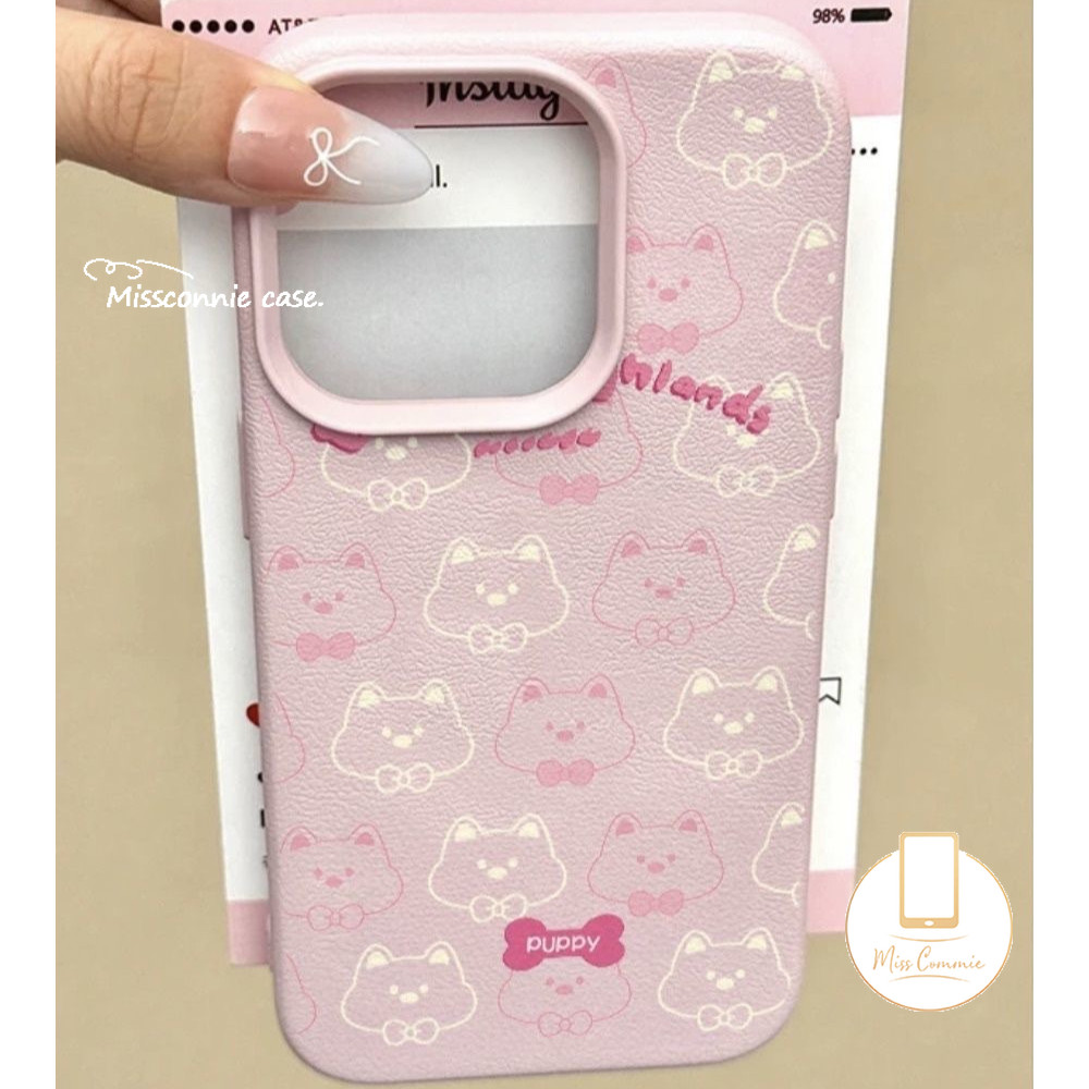 Simple เต็มหน้าจอน่ารัก Puppy Bowknot การ์ตูนสีชมพูสําหรับ IPhone XR 11 13 15 14 12 16 Pro Max 15 16 14 Plus XS X Max หรูหราผิวรู้สึกหนังเนื้อนุ่มกรณี