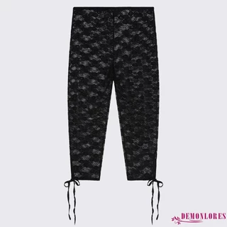 Demonlores- ผู้หญิงลูกไม้ Capri กางเกง Casual Bandage Cutout กางเกงขาสั้นยืดหยุ่นซีทรู