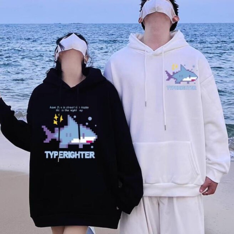 การ์ตูนฉลามสีฟ้าอะนิเมะพิมพ์คู่หลวมเสื้อกันหนาวหมวกฤดูใบไม้ร่วง/ฤดูหนาว อิน แฟชั่นสบายๆผู้หญิงแขนยาวด้านบน