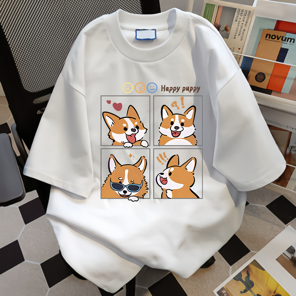 COD✅ (จัดส่งในกรุงเทพฯ) MAO Shop Printed T-shirt，เสื้อยืดพิมพ์ลายคอร์กี้สี่ตารางการ์ตูนที่เรียบง่าย oversize #0077