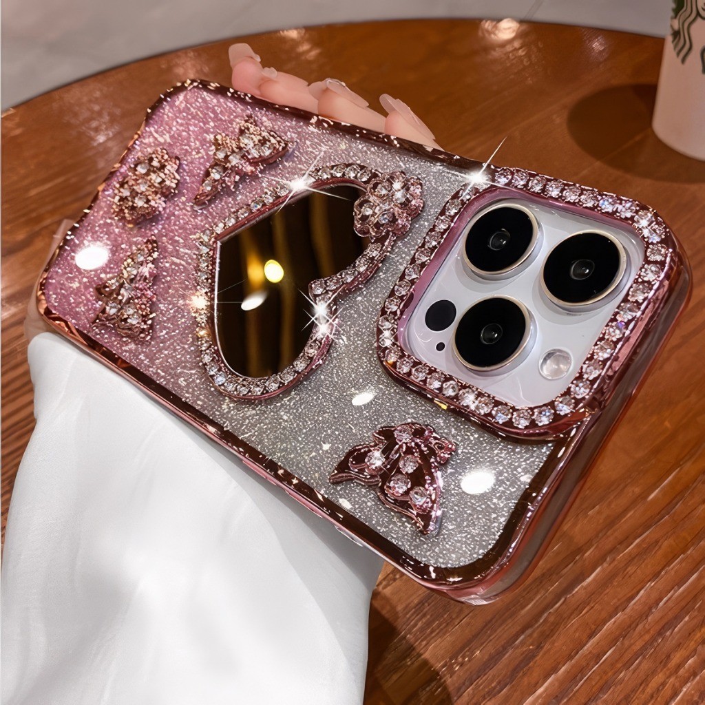 หรูหราชุบความงามglitter LoveกระจกสําหรับiPhone 16 15 14 13 12 11 Pro max Blingเพชรกันกระแทกนุ่มกรณีปก