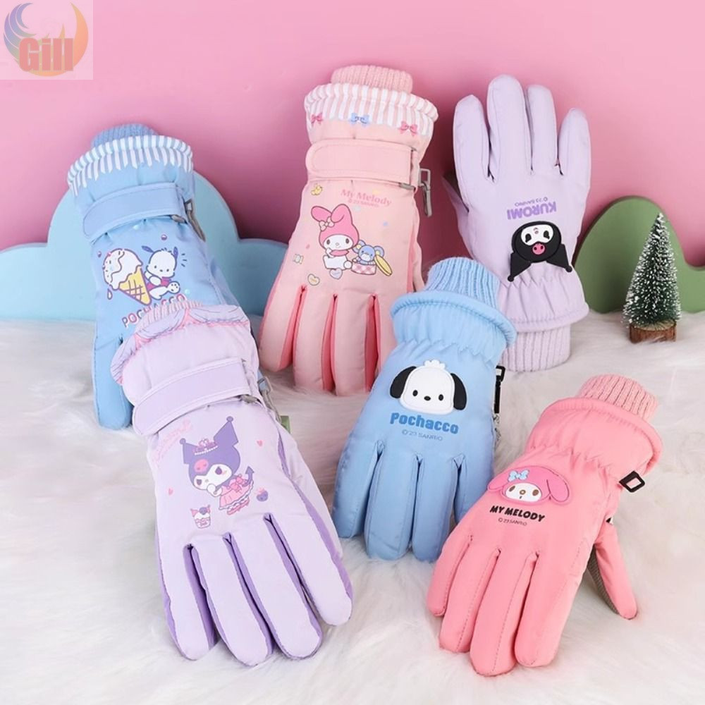 SANRIO จิล ถุงมือสกีสําหรับเด็ก, ถุงมืออุ่น ซานริโอ อะนิเมะกันลม, บวกกํามะหยี่หนาถุงมือห้านิ้ว