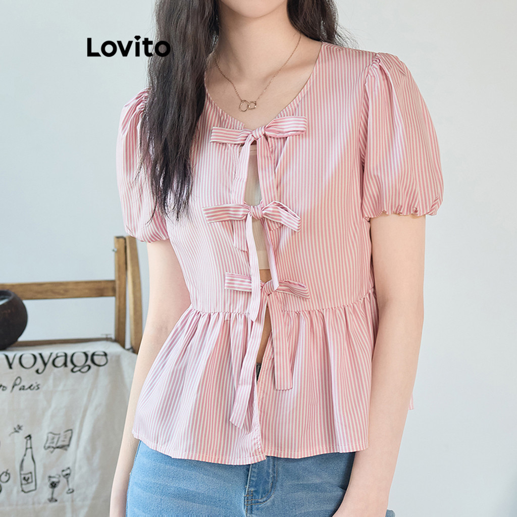 Lovito ลูกไม้ธรรมดาสบาย ๆ ลูกไม้ขึ้นเสื้อพื้นฐานสำหรับผู้หญิง L100MD262